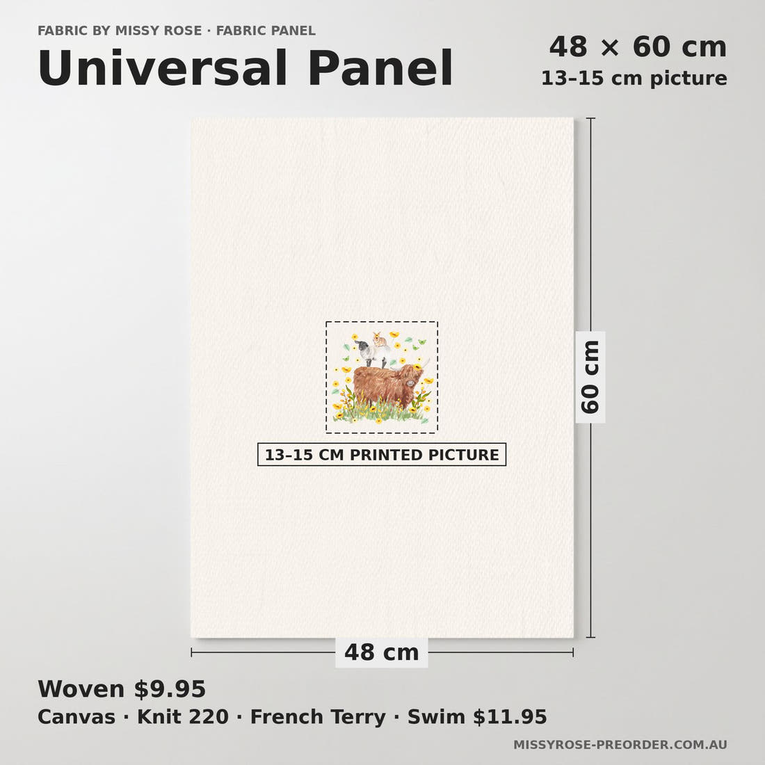 Design 108 Highalnd Sunflower Panel universal panel sizing – 13–15 cm printed picture on 48 × 60 cm fabric | Fabric by Missy Rose
