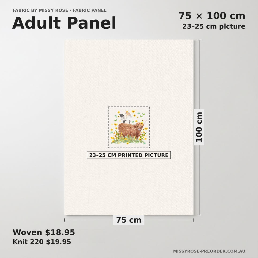 Design 108 Highalnd Sunflower Panel adult panel sizing – 23–25 cm printed picture on 75 × 100 cm fabric | Fabric by Missy Rose