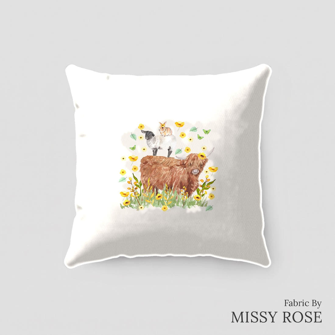 Design 108 Highalnd Sunflower Panel sewn into a cushion – see how the panel looks made up | Fabric by Missy Rose