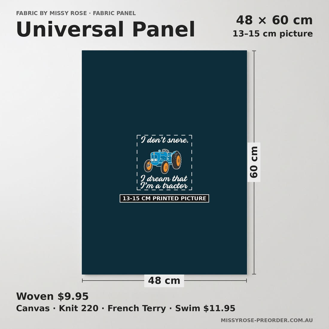 Design 1080 Tractor Panel universal panel sizing – 13–15 cm printed picture on 48 × 60 cm fabric | Fabric by Missy Rose