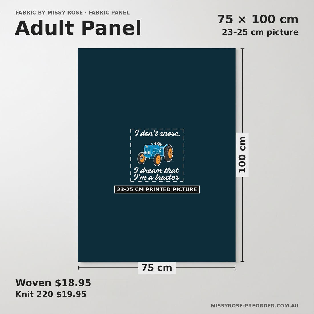 Design 1080 Tractor Panel adult panel sizing – 23–25 cm printed picture on 75 × 100 cm fabric | Fabric by Missy Rose