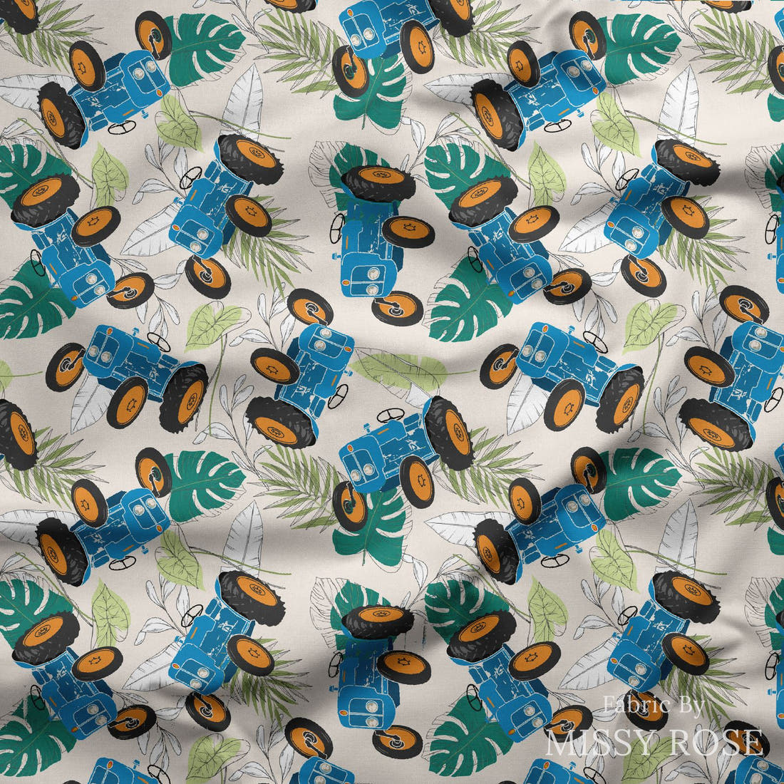 Design 1080 Tractor Fabric draped fabric mockup – custom printed fabric by the metre | Fabric by Missy Rose