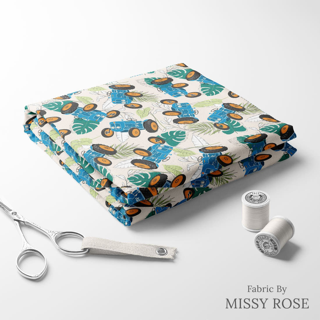 Design 1080 Tractor Fabric folded fabric stack with matching thread – pre-order fabric Australia | Fabric by Missy Rose