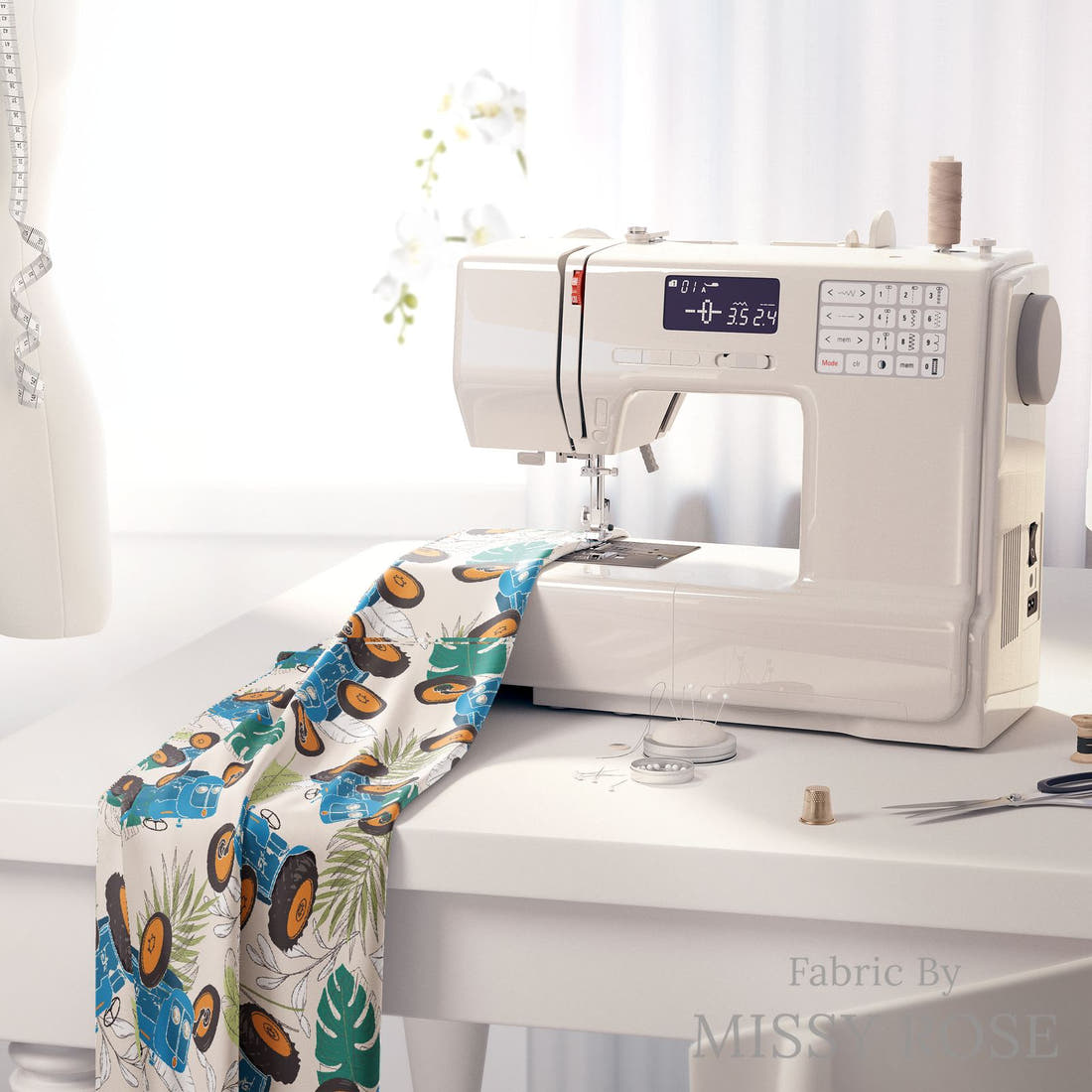 Design 1080 Tractor Fabric on a sewing machine – premium fabric for sewing projects | Fabric by Missy Rose