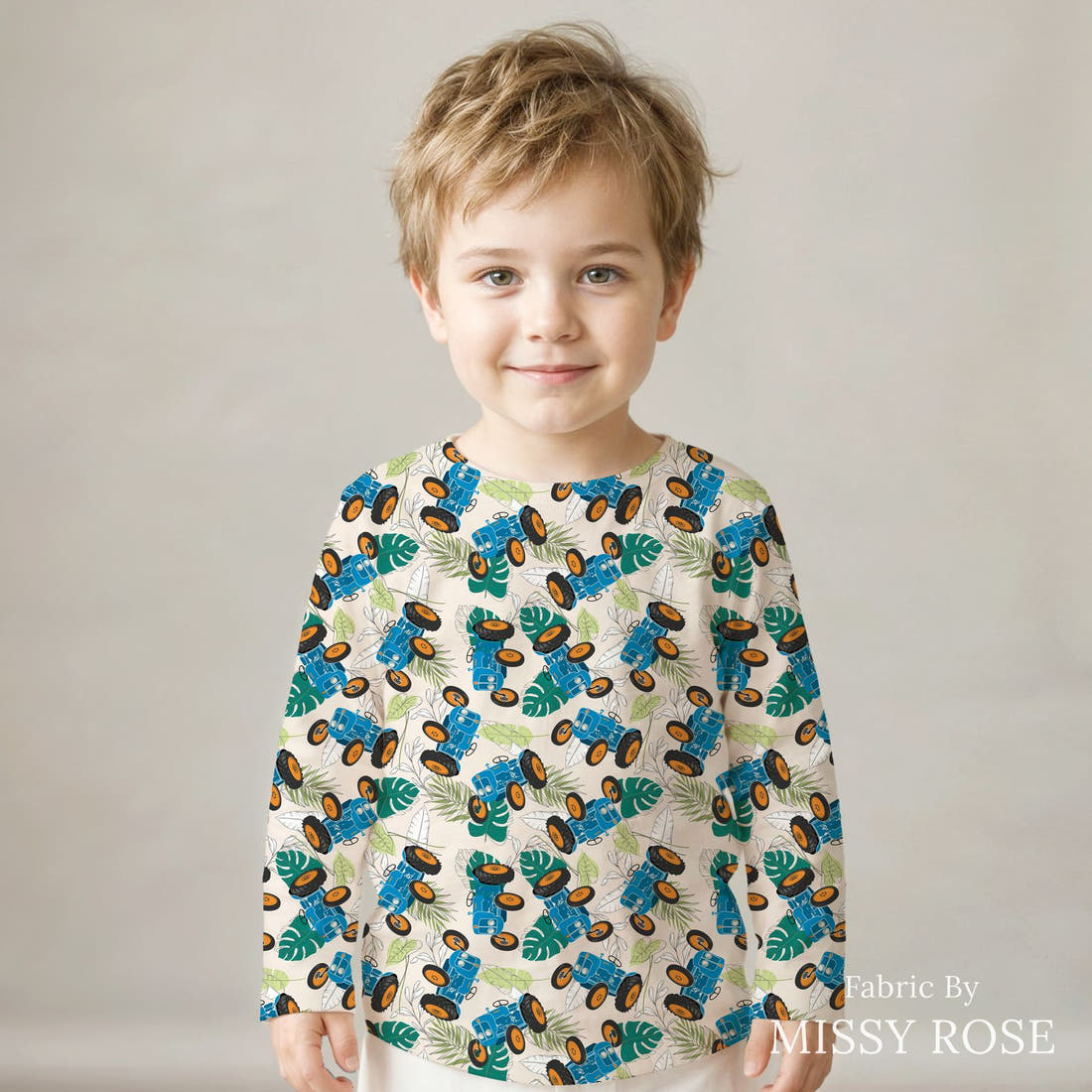 Design 1080 Tractor Fabric sewn into a kids' long sleeve top – see how the print looks made up | Fabric by Missy Rose