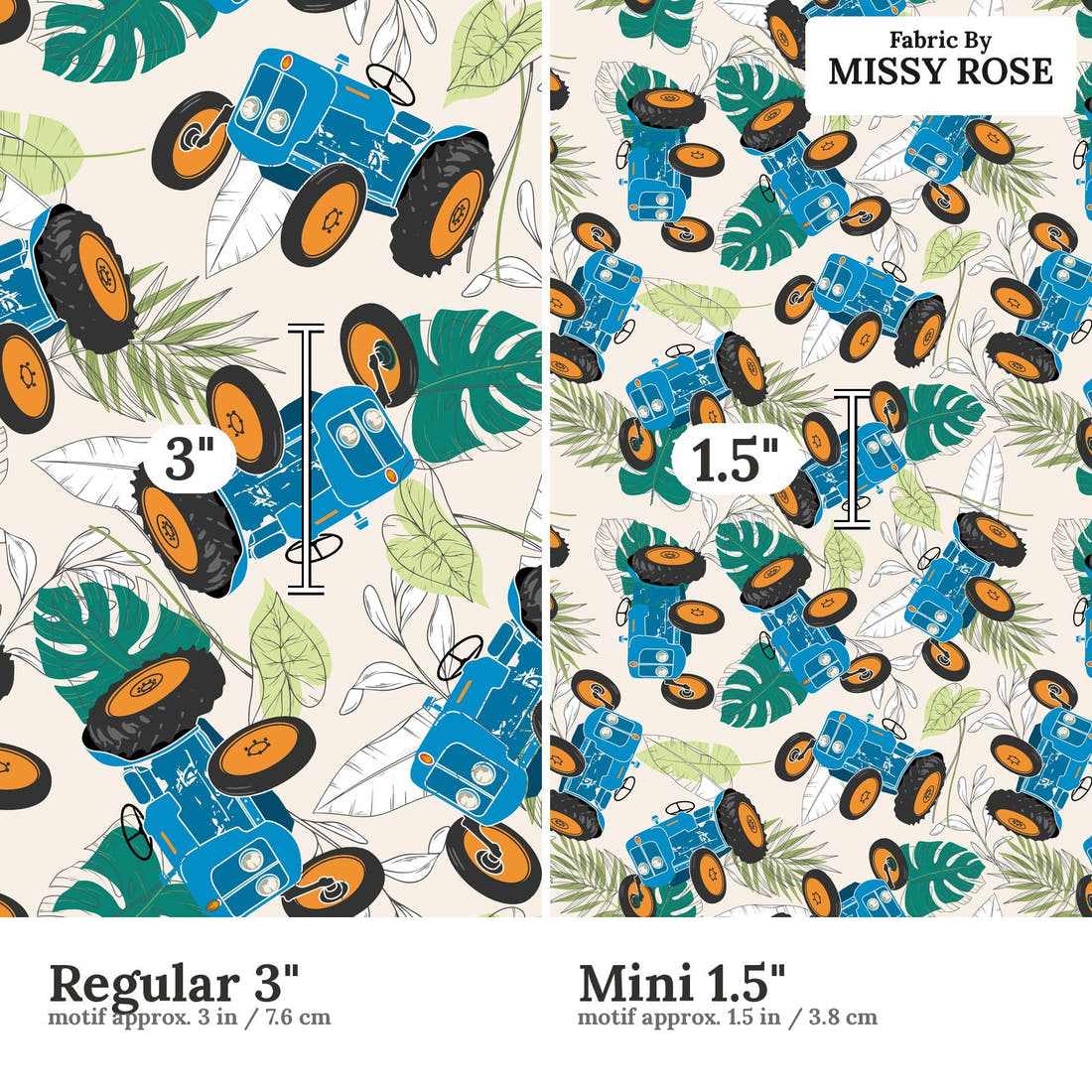 Design 1080 Tractor Fabric Regular 3 inch vs Mini 1.5 inch print scale side by side | Fabric by Missy Rose