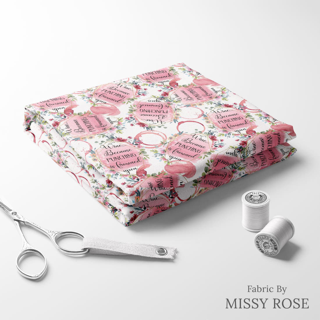 Design 1081 Funny Wine Fabric folded fabric stack with matching thread – pre-order fabric Australia | Fabric by Missy Rose