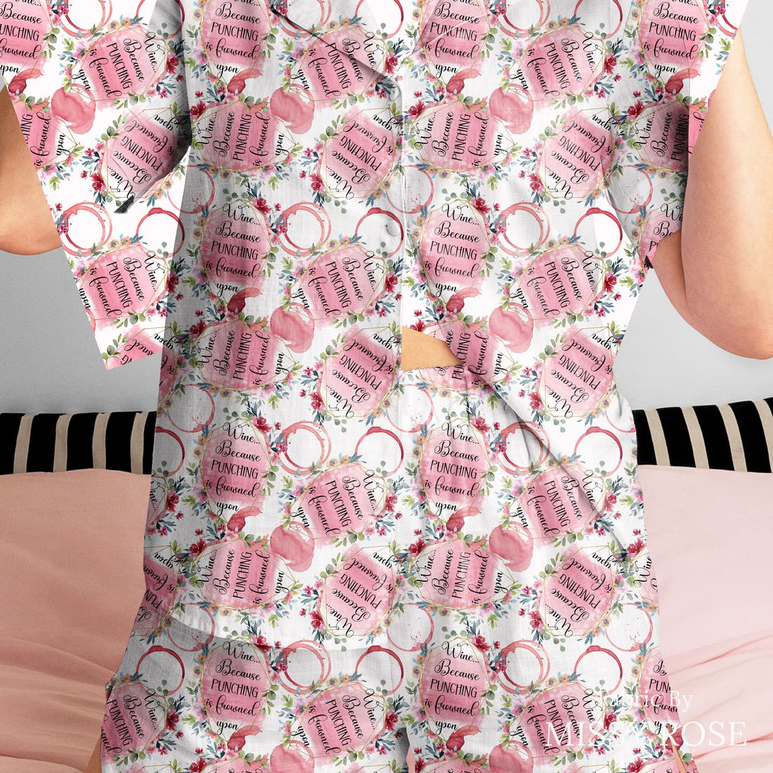 Design 1081 Funny Wine Fabric sewn into a women's pyjama set – see how the print looks made up | Fabric by Missy Rose