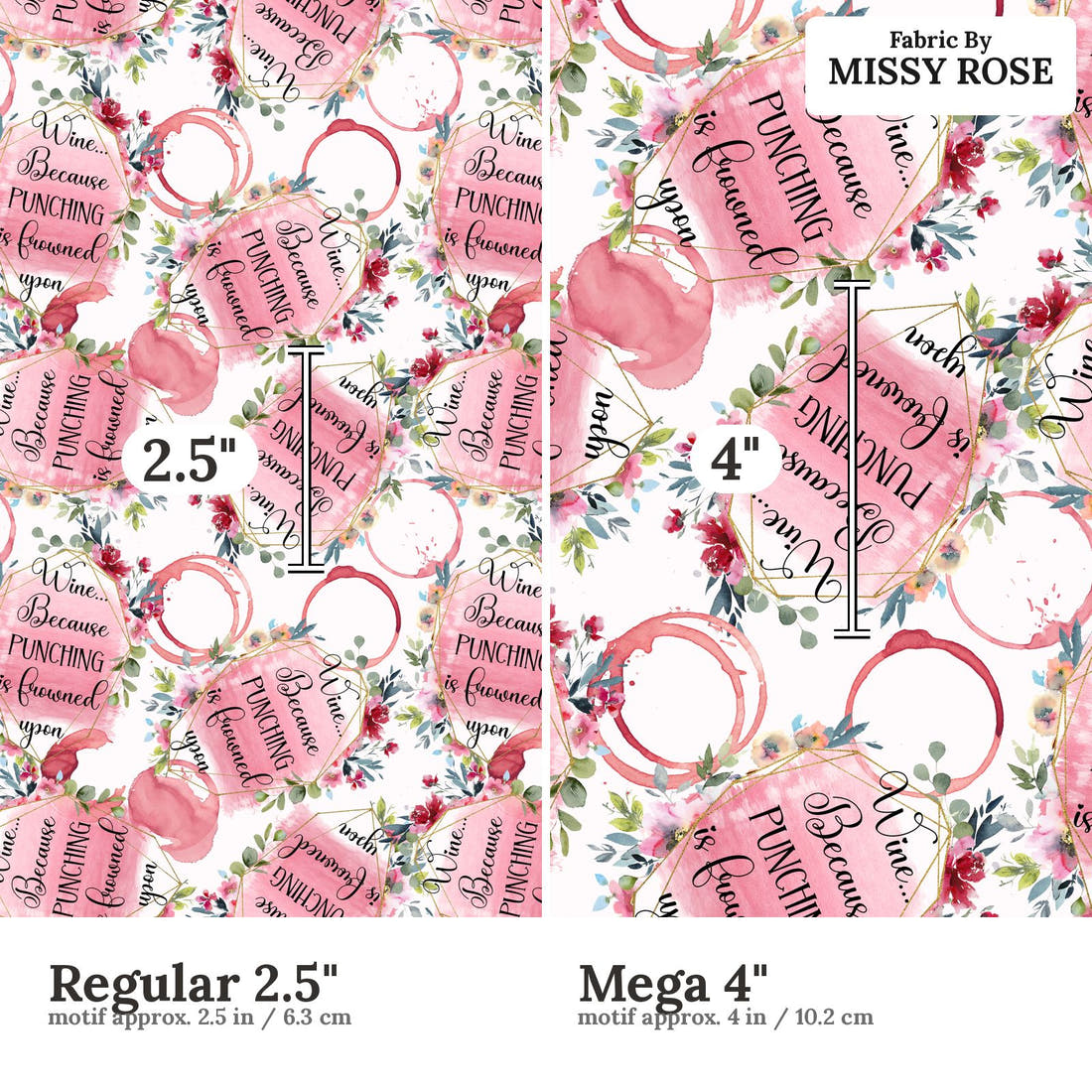 Design 1081 Funny Wine Fabric Regular 2.5 inch vs Mega 4 inch print scale side by side | Fabric by Missy Rose