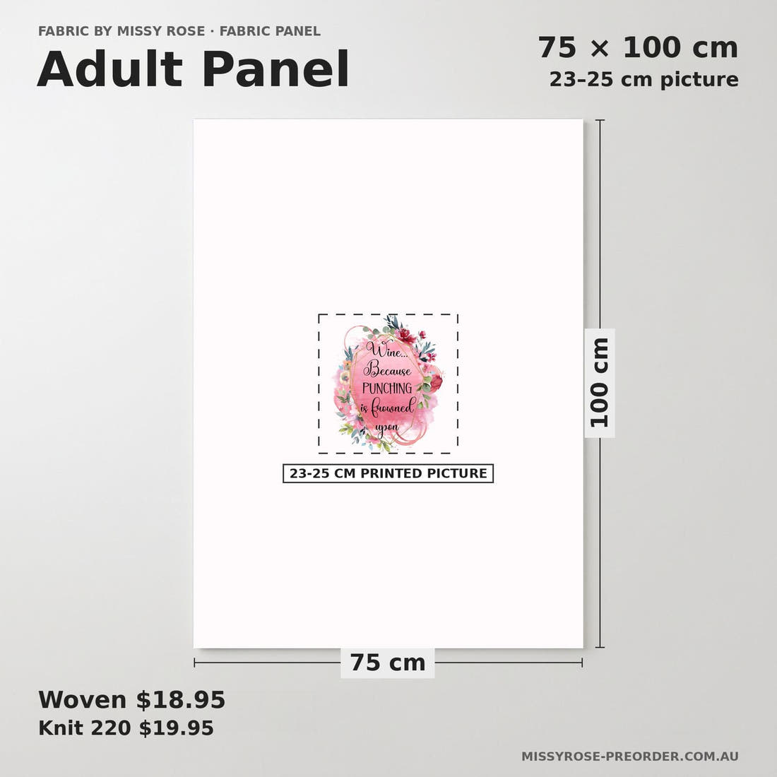 Design 1081 Funny Wine Panel adult panel sizing – 23–25 cm printed picture on 75 × 100 cm fabric | Fabric by Missy Rose