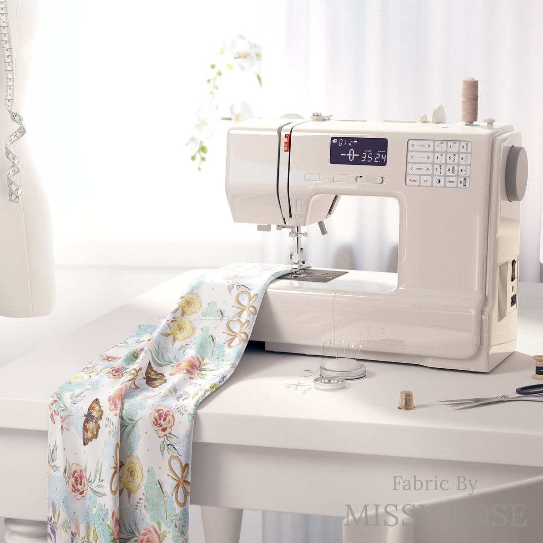 Design 1082 Butterfly Fabric on a sewing machine – premium fabric for sewing projects | Fabric by Missy Rose