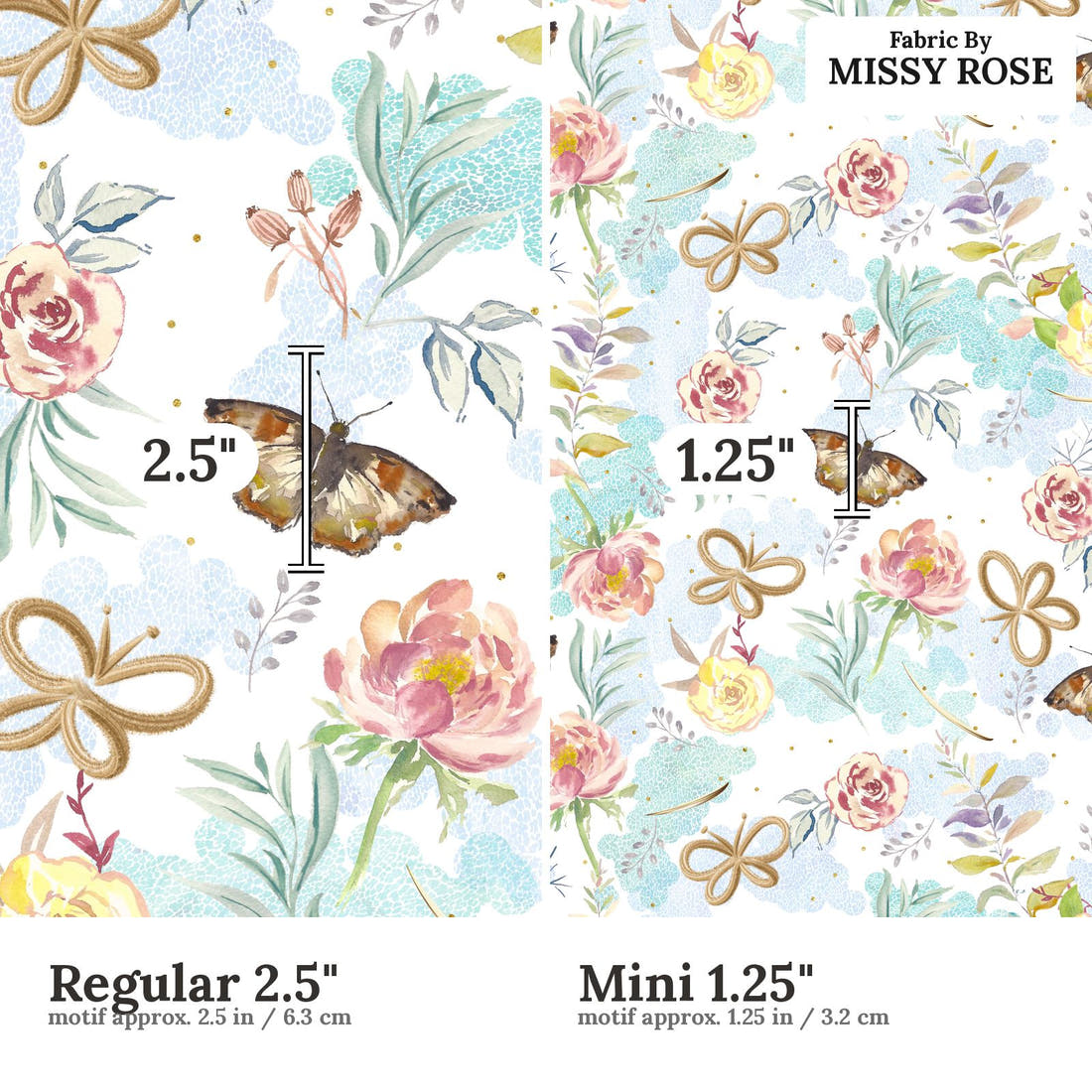 Design 1082 Butterfly Fabric Regular 2.5 inch vs Mini 1.25 inch print scale side by side | Fabric by Missy Rose