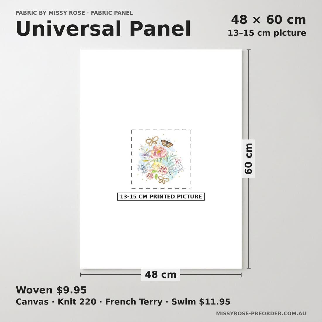 Design 1082 Butterfly Panel universal panel sizing – 13–15 cm printed picture on 48 × 60 cm fabric | Fabric by Missy Rose