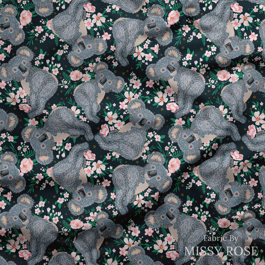 Design 1083 Navy Koala Fabric draped fabric mockup – custom printed fabric by the metre | Fabric by Missy Rose