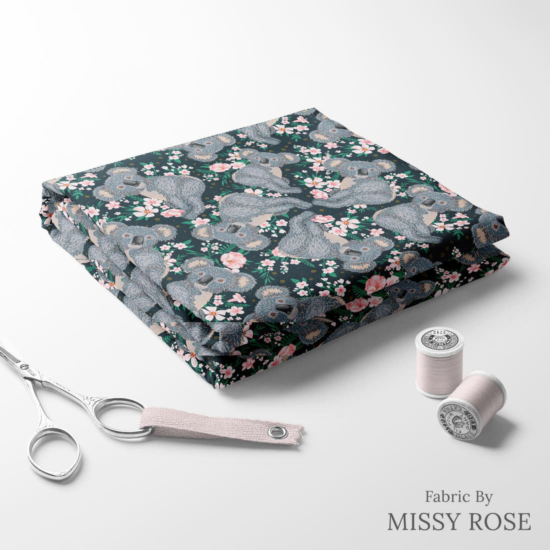 Design 1083 Navy Koala Fabric folded fabric stack with matching thread – pre-order fabric Australia | Fabric by Missy Rose