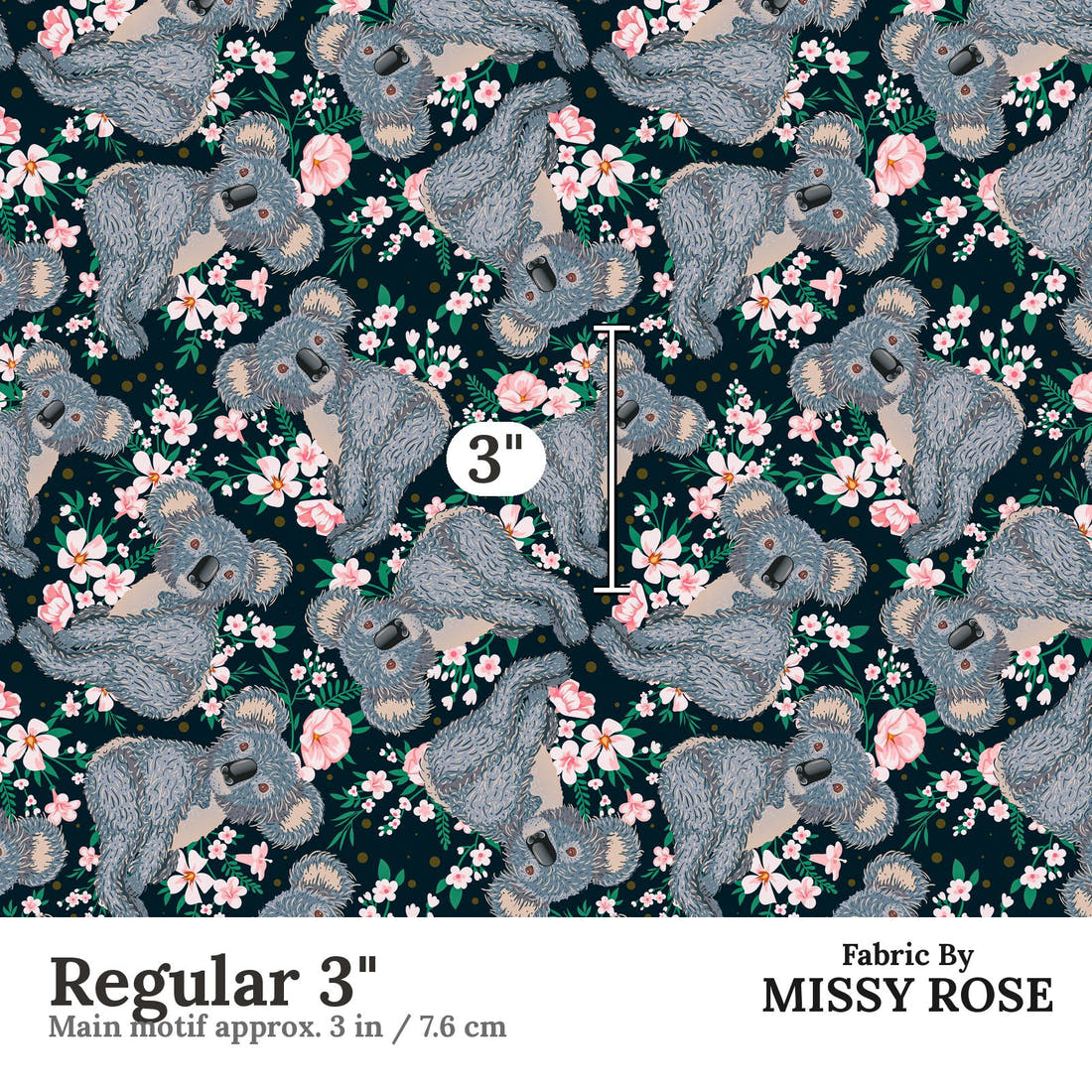 Design 1083 Navy Koala Fabric Regular 3 inch print scale guide | Fabric by Missy Rose