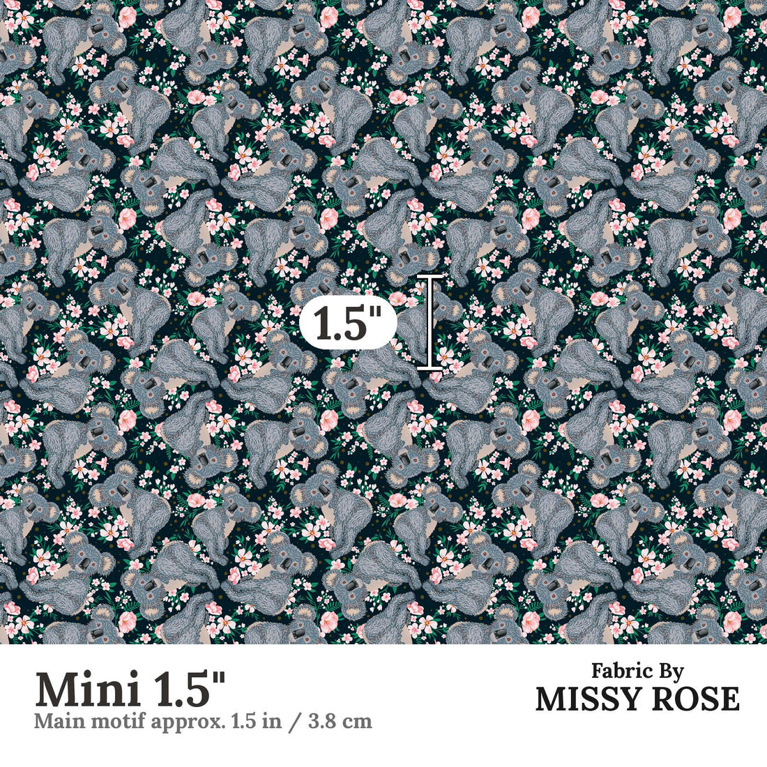 Design 1083 Navy Koala Fabric Mini 1.5 inch print scale guide | Fabric by Missy Rose