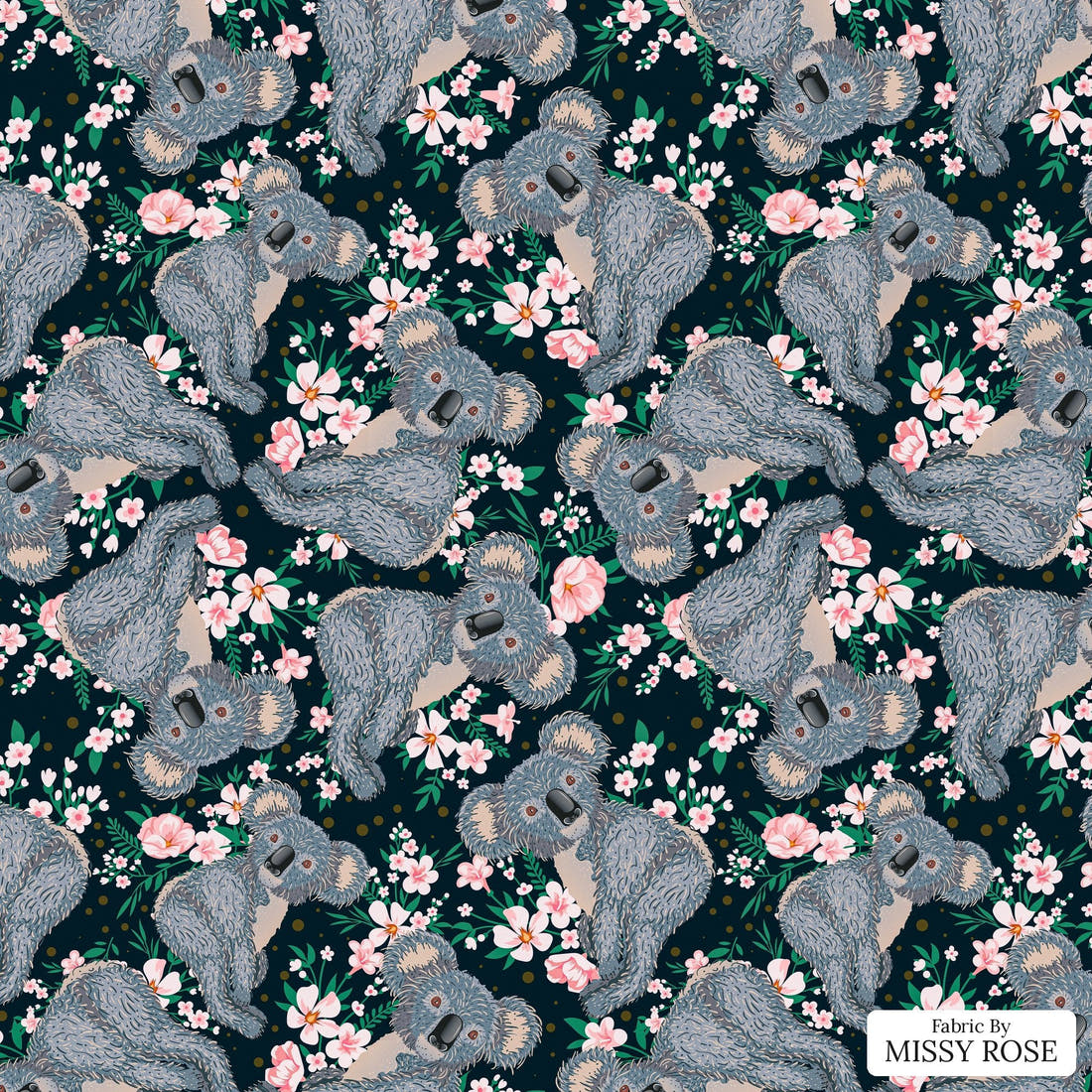 Design 1083 Navy Koala Fabric – flat view of the print, zoom in for detail | Fabric by Missy Rose