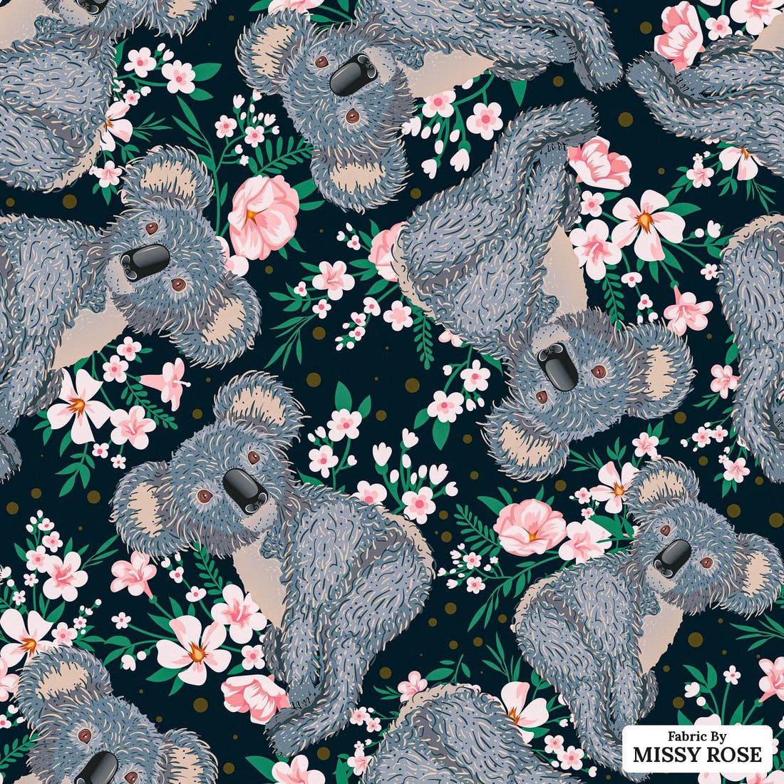 Design 1083 Navy Koala Fabric – flat view of the print, zoom in for detail | Fabric by Missy Rose