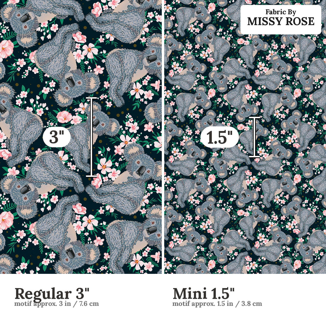 Design 1083 Navy Koala Fabric Regular 3 inch vs Mini 1.5 inch print scale side by side | Fabric by Missy Rose