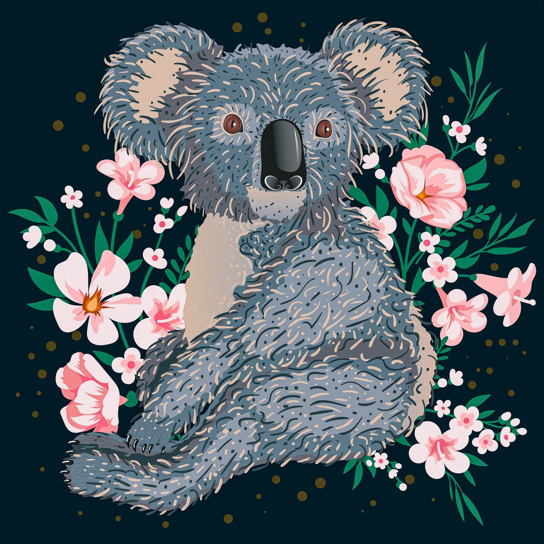 Design 1083 Navy Koala Panel – full artwork close-up of the printed picture | Fabric by Missy Rose