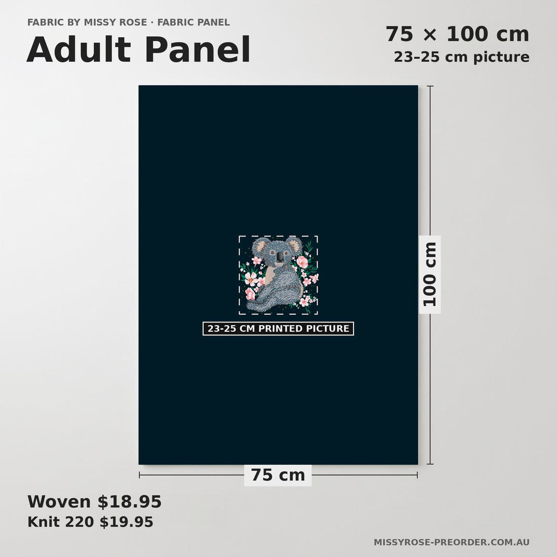 Design 1083 Navy Koala Panel adult panel sizing – 23–25 cm printed picture on 75 × 100 cm fabric | Fabric by Missy Rose