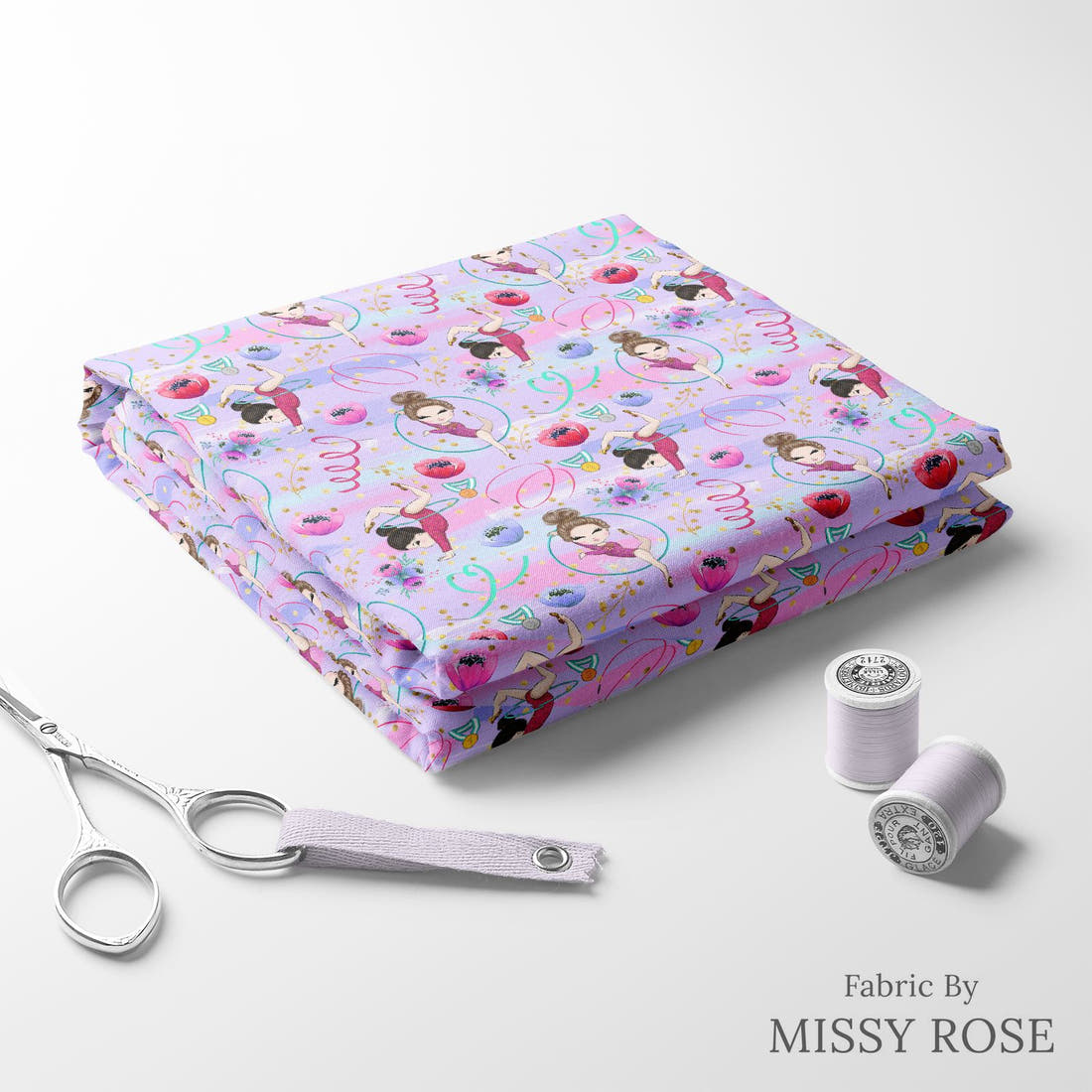 Design 1084 Purple Gymnastics Fabric folded fabric stack with matching thread – pre-order fabric Australia | Fabric by Missy Rose