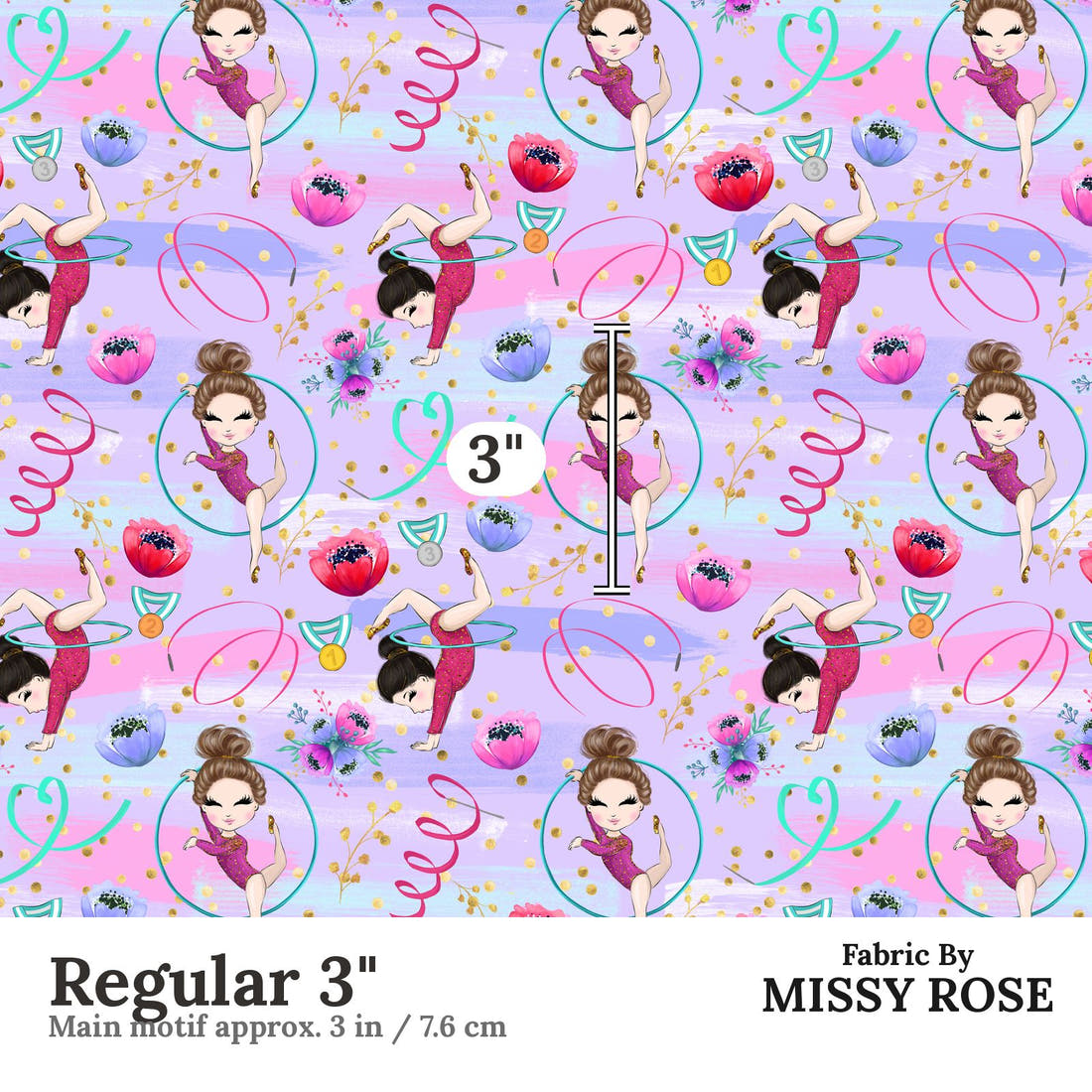 Design 1084 Purple Gymnastics Fabric Regular 3 inch print scale guide | Fabric by Missy Rose