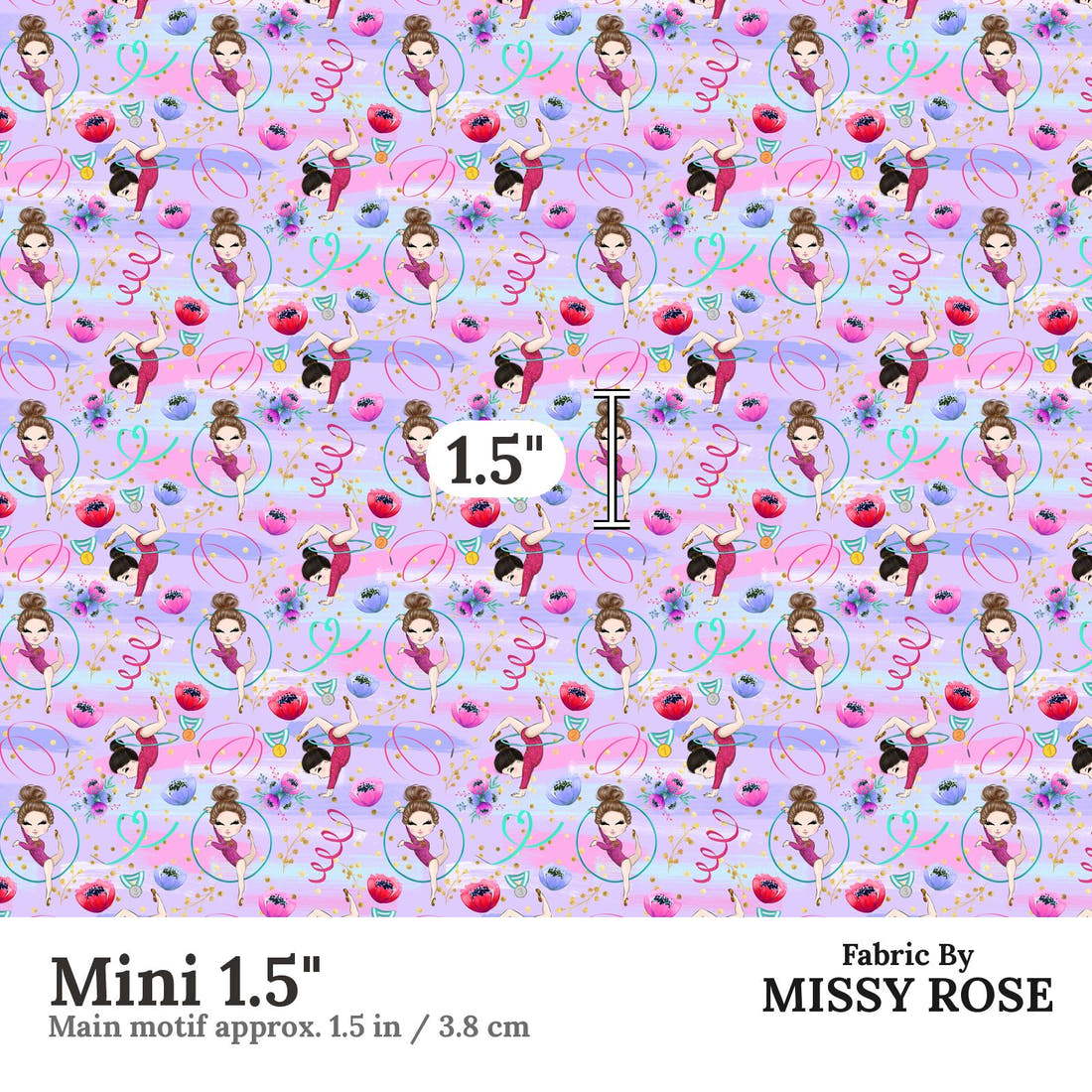 Design 1084 Purple Gymnastics Fabric Mini 1.5 inch print scale guide | Fabric by Missy Rose