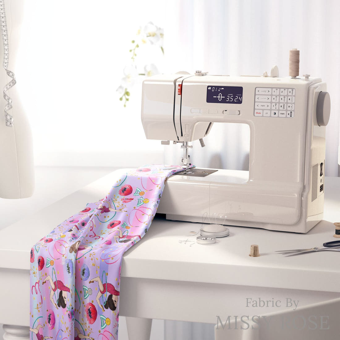 Design 1084 Purple Gymnastics Fabric on a sewing machine – premium fabric for sewing projects | Fabric by Missy Rose