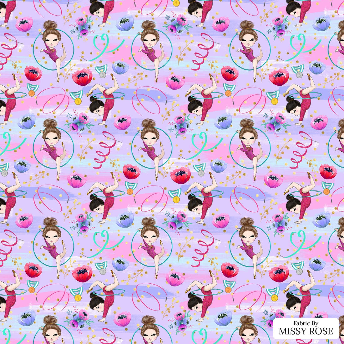 Design 1084 Purple Gymnastics Fabric – flat view of the print, zoom in for detail | Fabric by Missy Rose