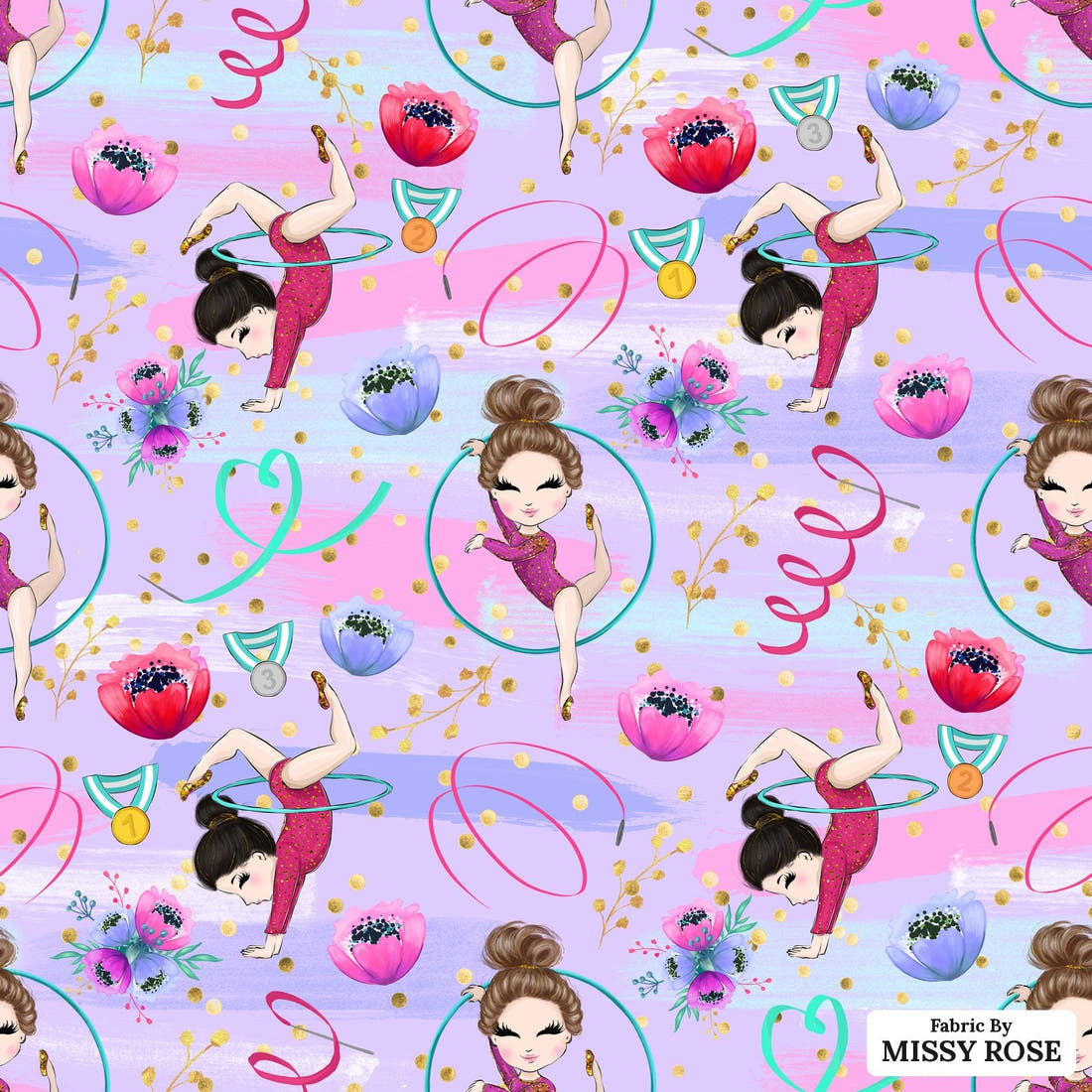 Design 1084 Purple Gymnastics Fabric – flat view of the print, zoom in for detail | Fabric by Missy Rose