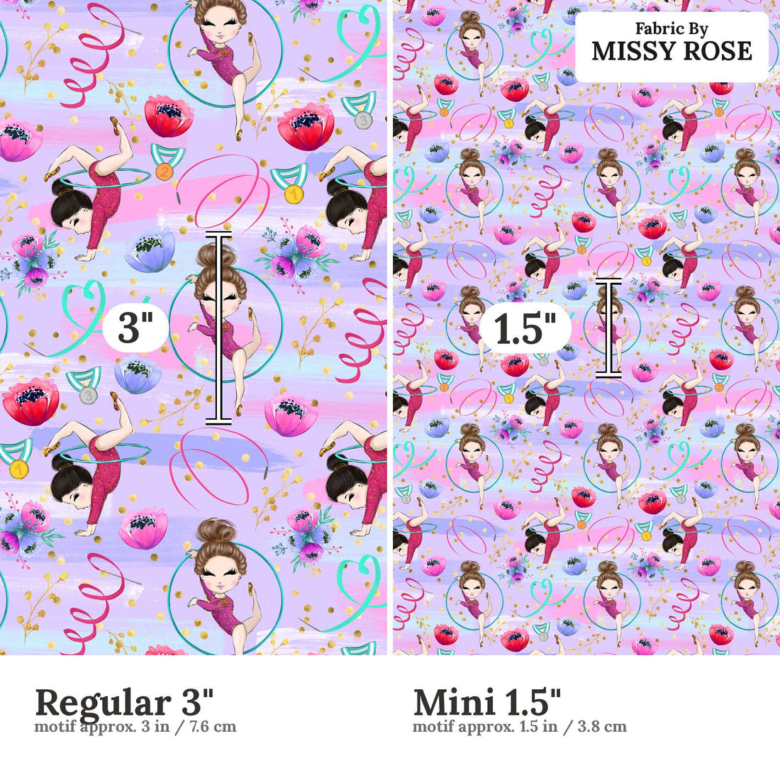 Design 1084 Purple Gymnastics Fabric Regular 3 inch vs Mini 1.5 inch print scale side by side | Fabric by Missy Rose