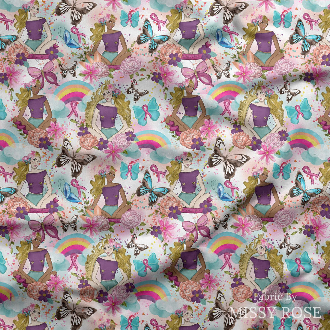 Design 1085 Pink Ribbon Fabric draped fabric mockup – custom printed fabric by the metre | Fabric by Missy Rose