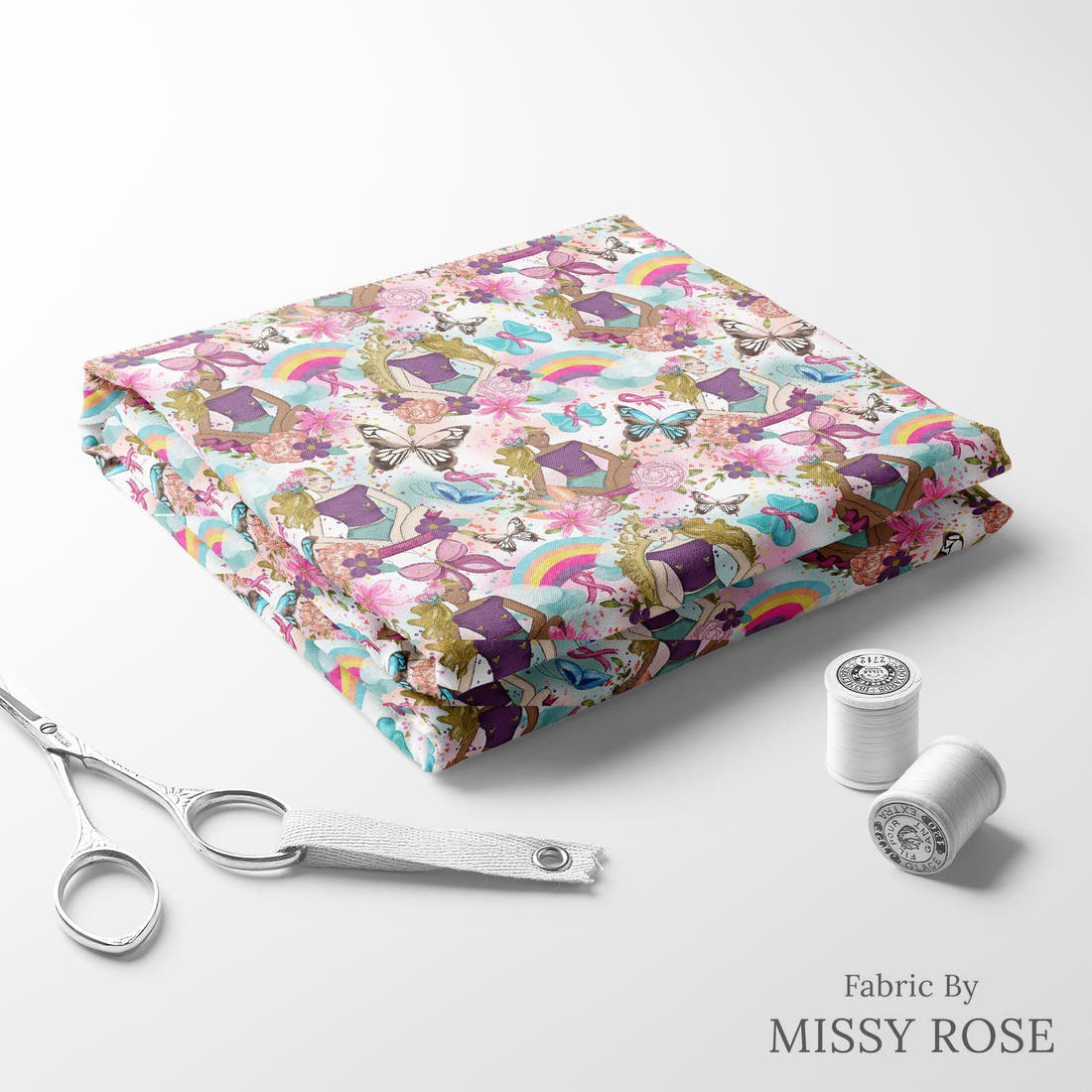 Design 1085 Pink Ribbon Fabric folded fabric stack with matching thread – pre-order fabric Australia | Fabric by Missy Rose