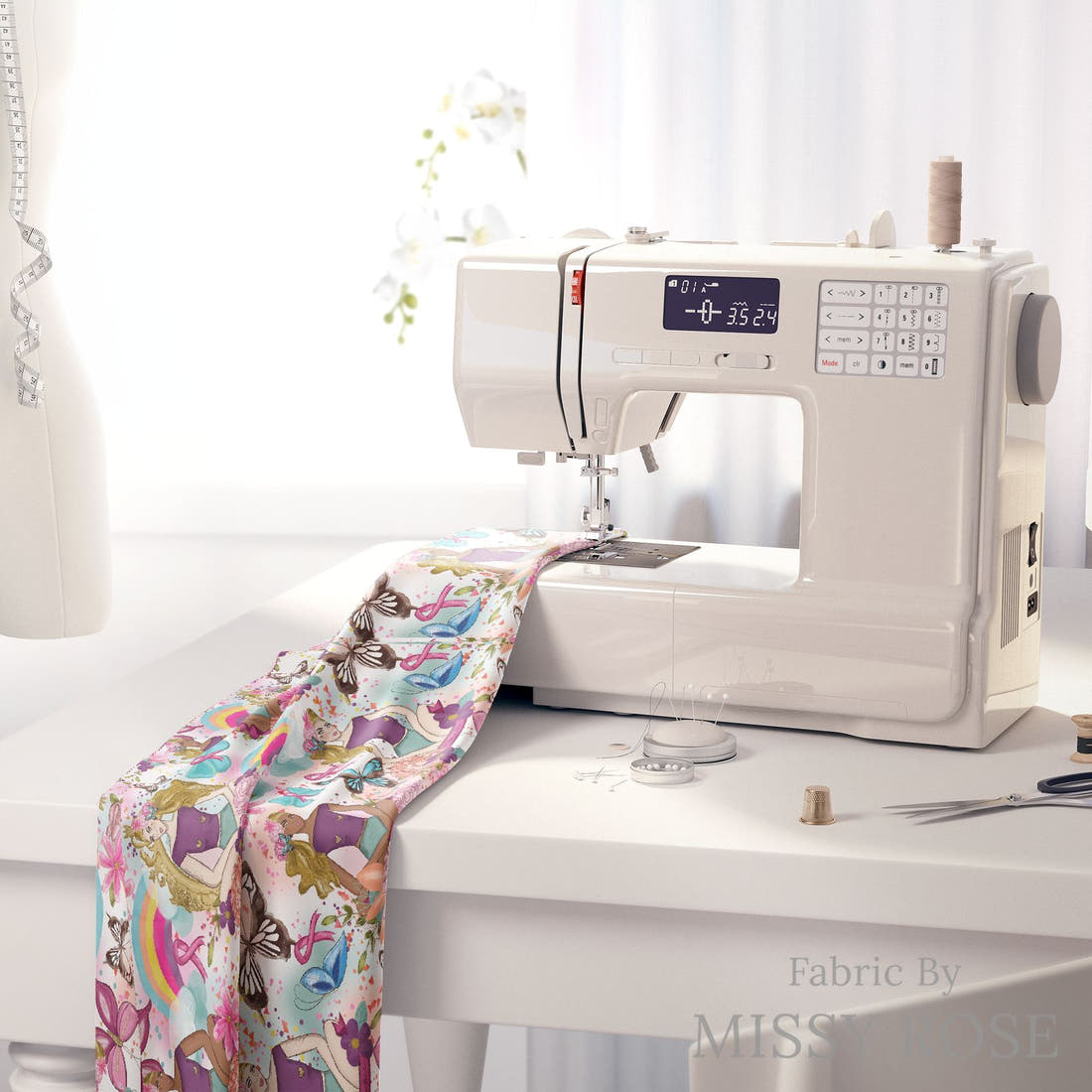 Design 1085 Pink Ribbon Fabric on a sewing machine – premium fabric for sewing projects | Fabric by Missy Rose