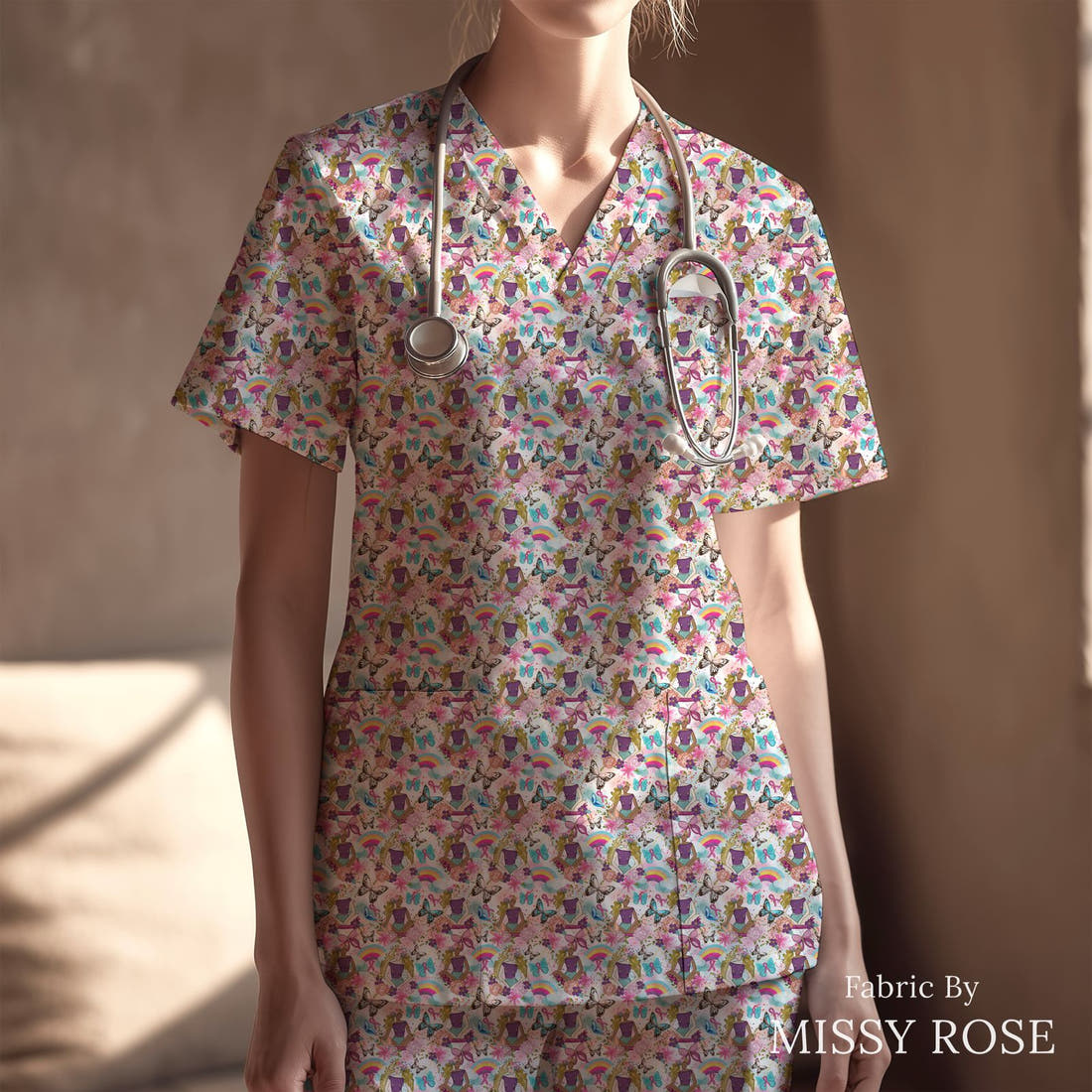 Design 1085 Pink Ribbon Fabric sewn into a scrubs top – see how the print looks made up | Fabric by Missy Rose