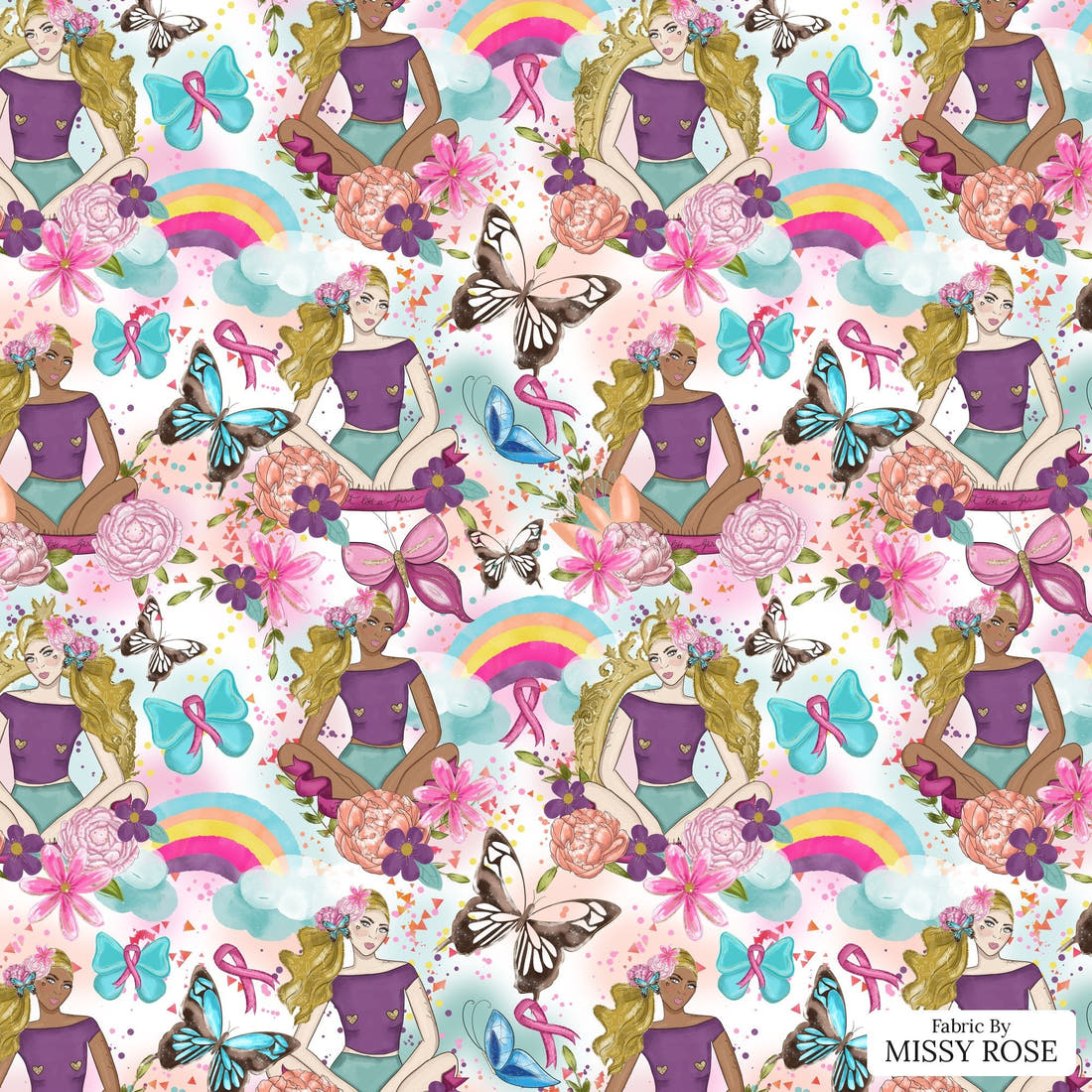 Design 1085 Pink Ribbon Fabric – flat view of the print, zoom in for detail | Fabric by Missy Rose