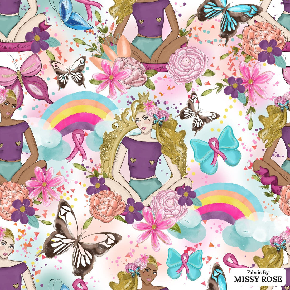 Design 1085 Pink Ribbon Fabric – flat view of the print, zoom in for detail | Fabric by Missy Rose