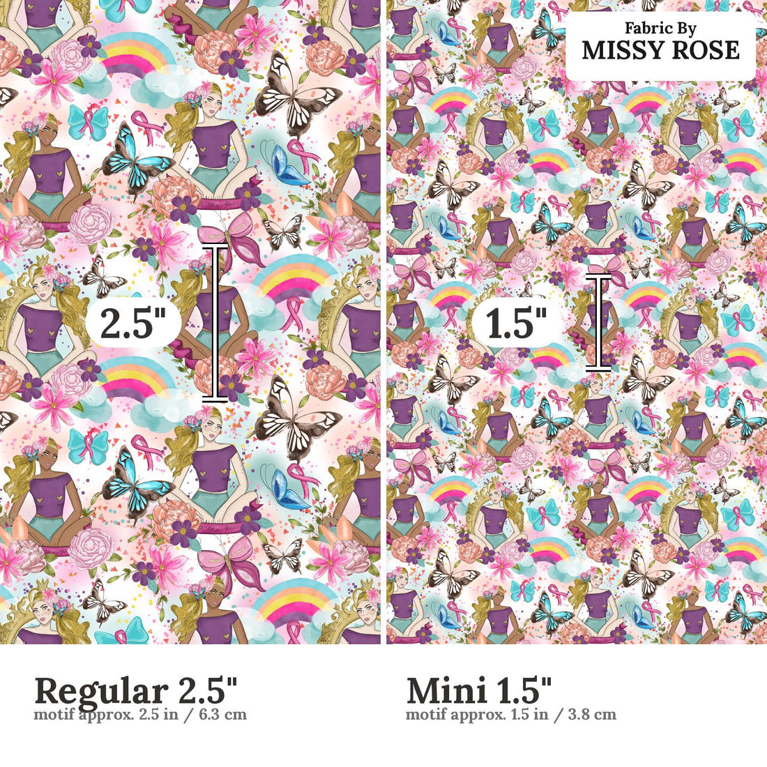 Design 1085 Pink Ribbon Fabric Regular 2.5 inch vs Mini 1.5 inch print scale side by side | Fabric by Missy Rose