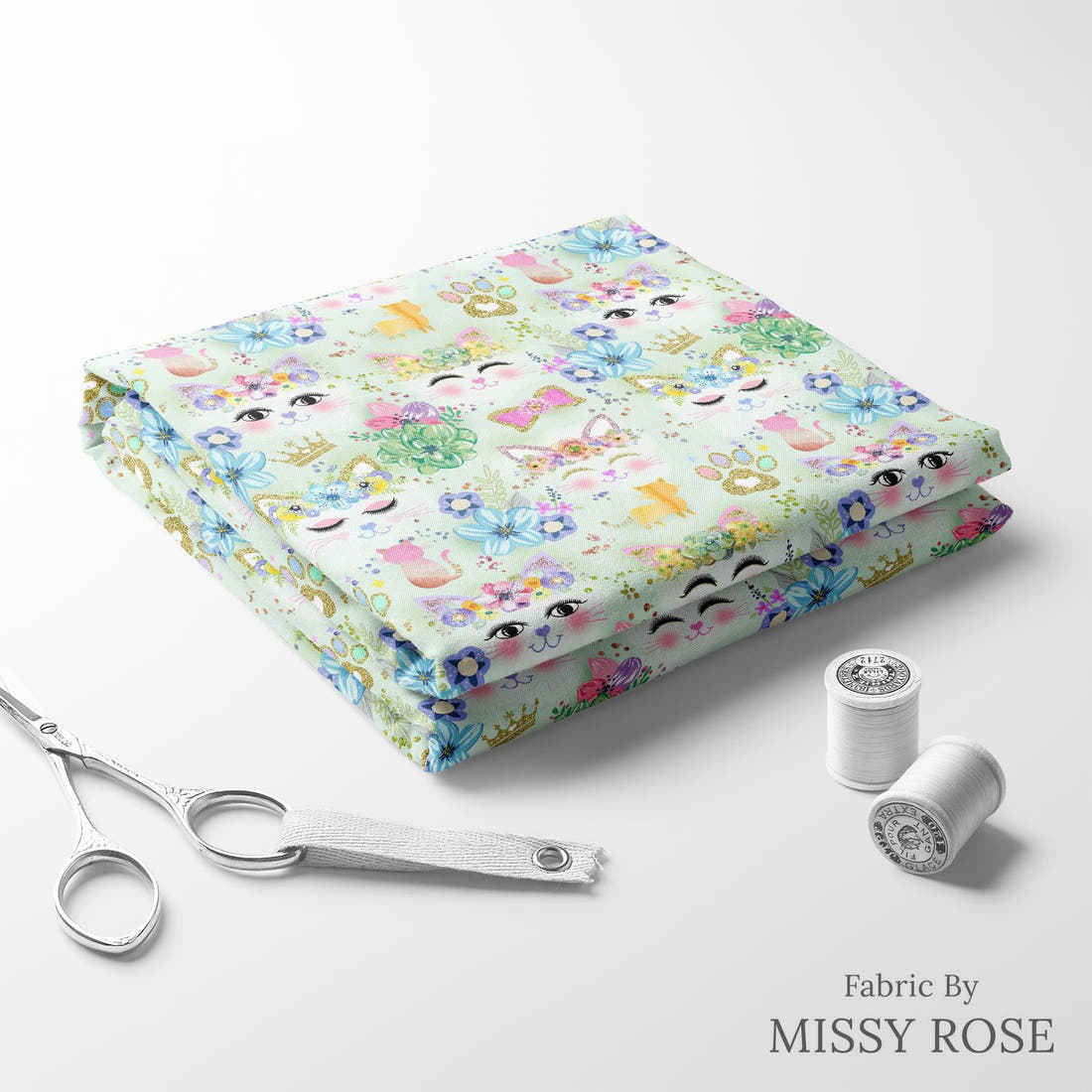 Design 1086 Green Cats Fabric folded fabric stack with matching thread – pre-order fabric Australia | Fabric by Missy Rose