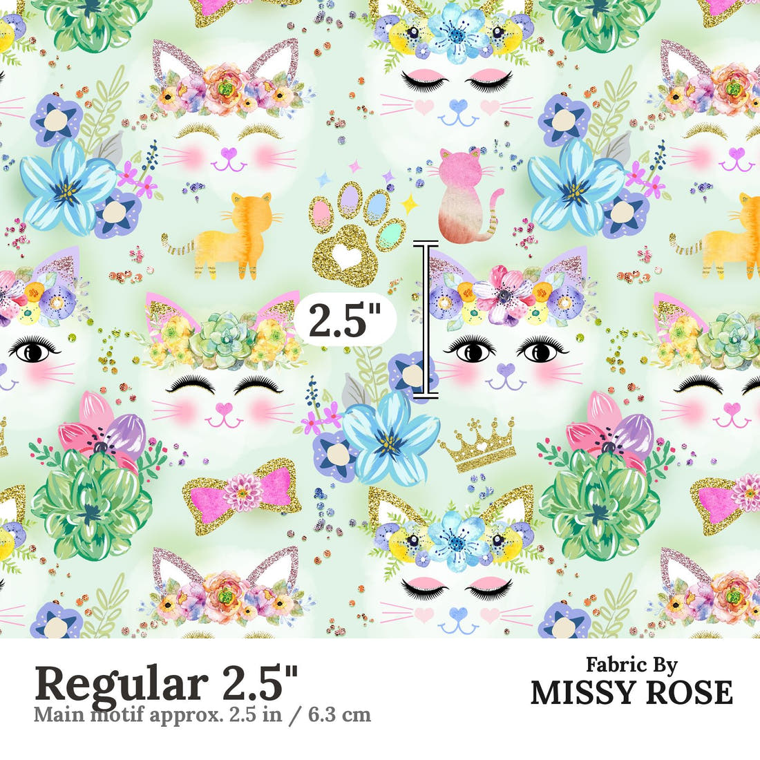Design 1086 Green Cats Fabric Regular 2.5 inch print scale guide | Fabric by Missy Rose