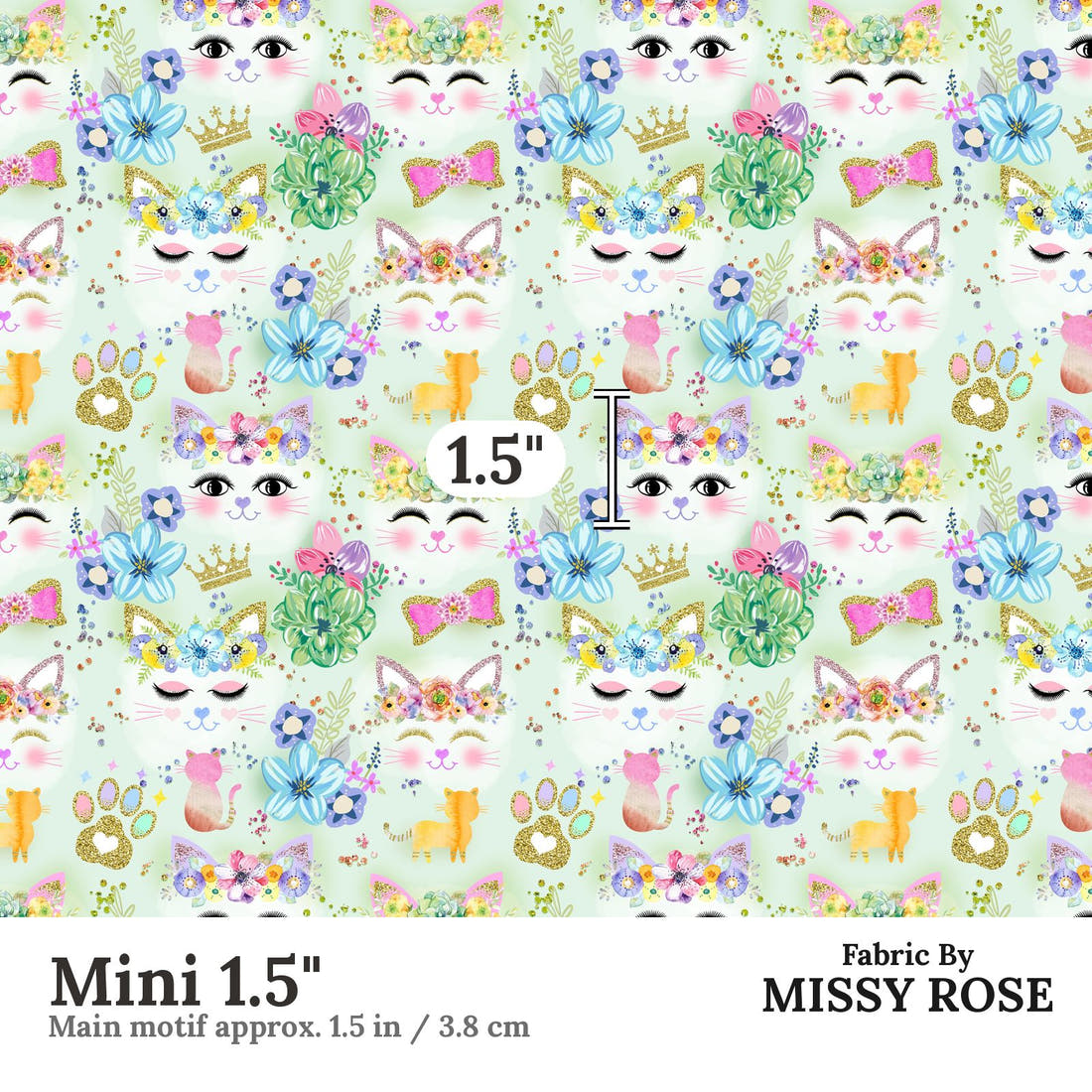 Design 1086 Green Cats Fabric Mini 1.5 inch print scale guide | Fabric by Missy Rose