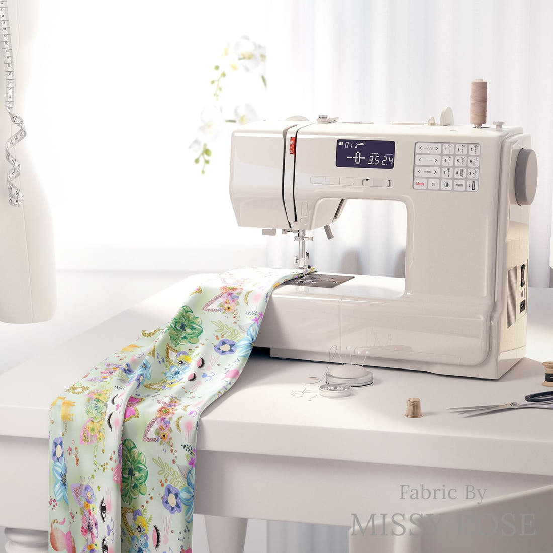 Design 1086 Green Cats Fabric on a sewing machine – premium fabric for sewing projects | Fabric by Missy Rose