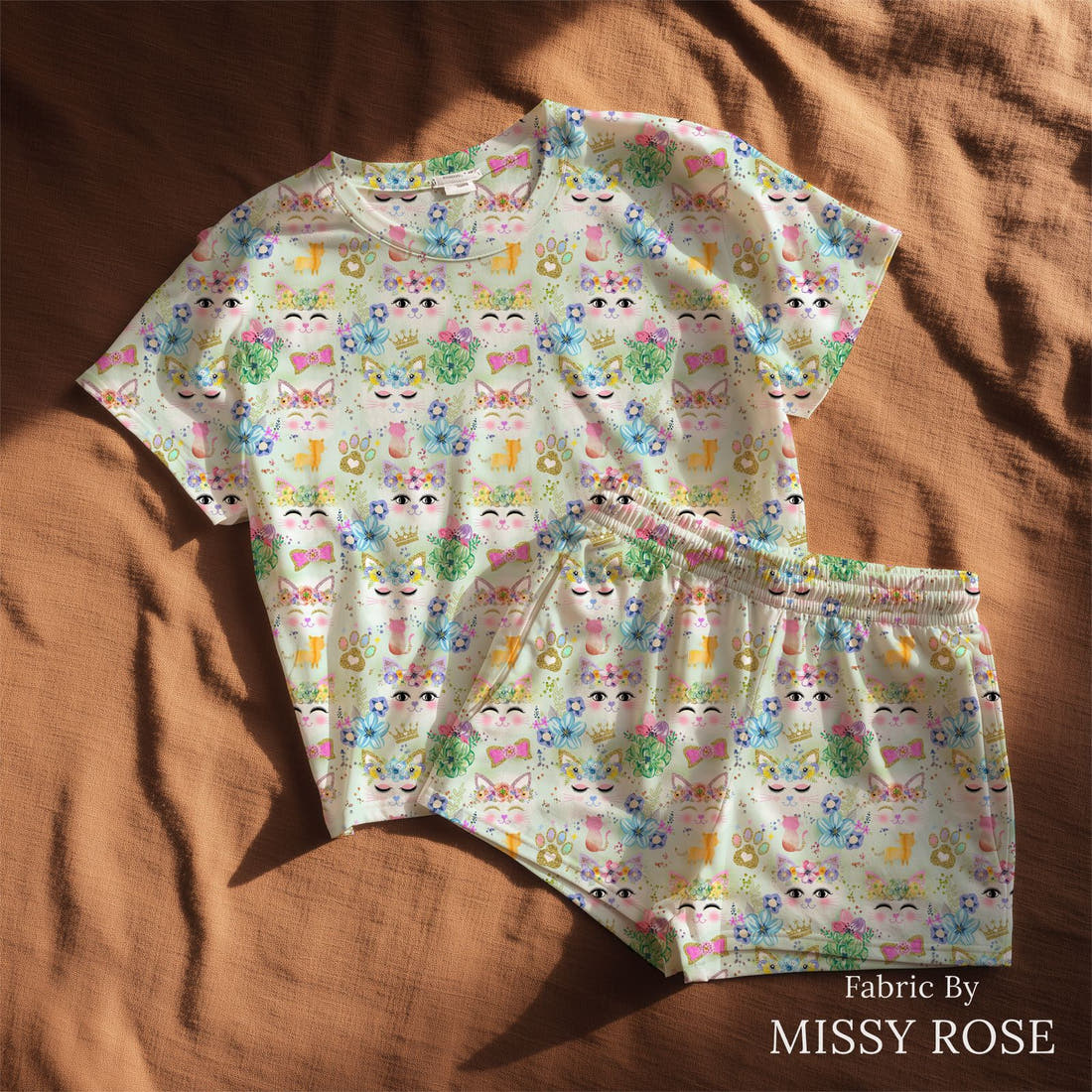 Design 1086 Green Cats Fabric lounge set – see how the print looks made up | Fabric by Missy Rose