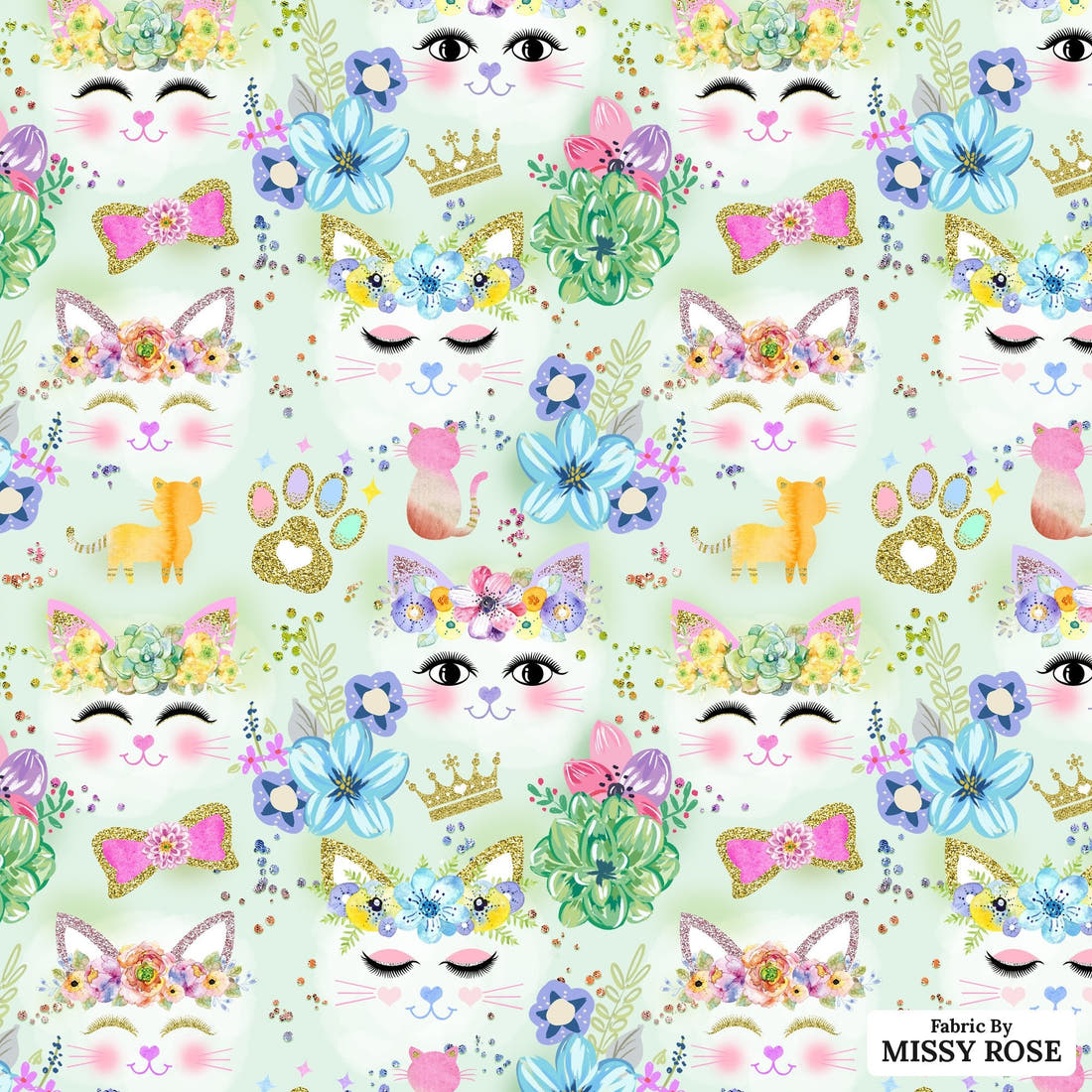 Design 1086 Green Cats Fabric – flat view of the print, zoom in for detail | Fabric by Missy Rose