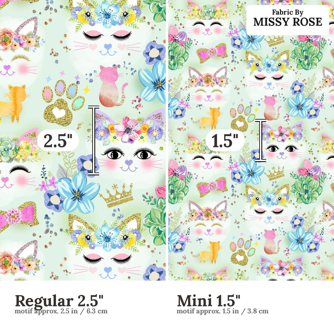 Design 1086 Green Cats Fabric Regular 2.5 inch vs Mini 1.5 inch print scale side by side | Fabric by Missy Rose