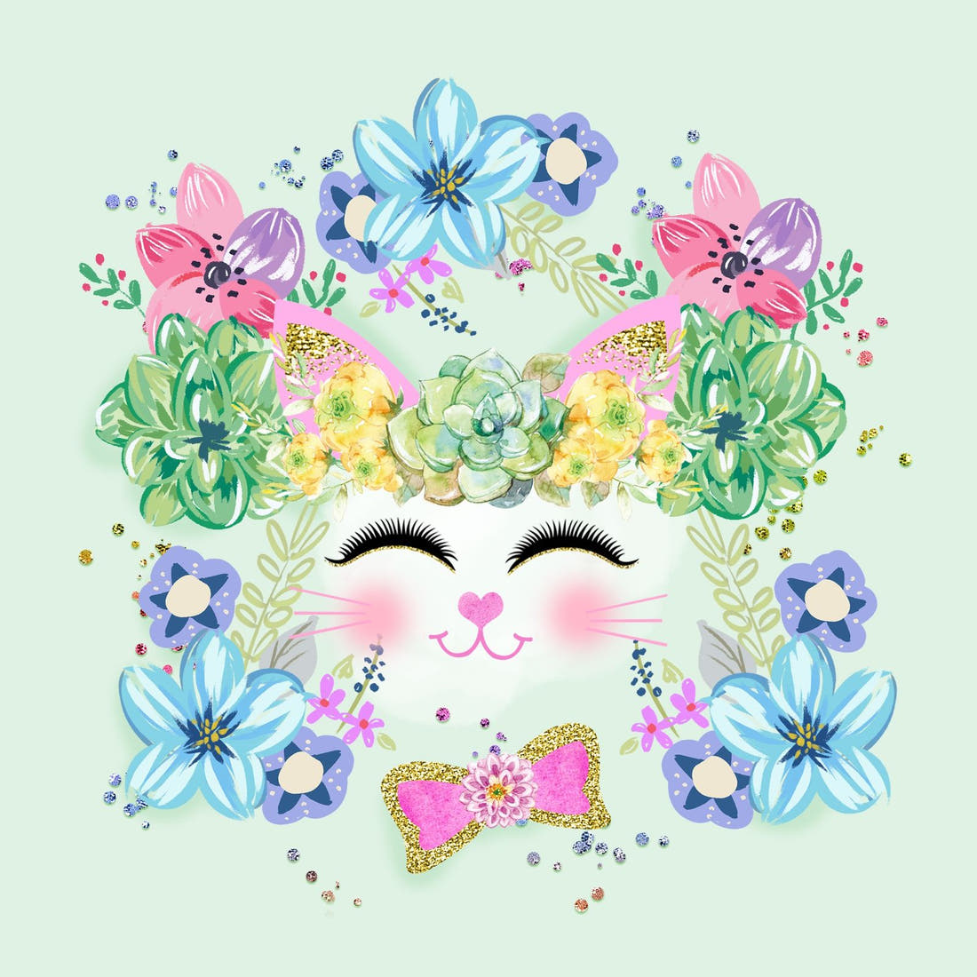Design 1086 Green Cats Panel – full artwork close-up of the printed picture | Fabric by Missy Rose