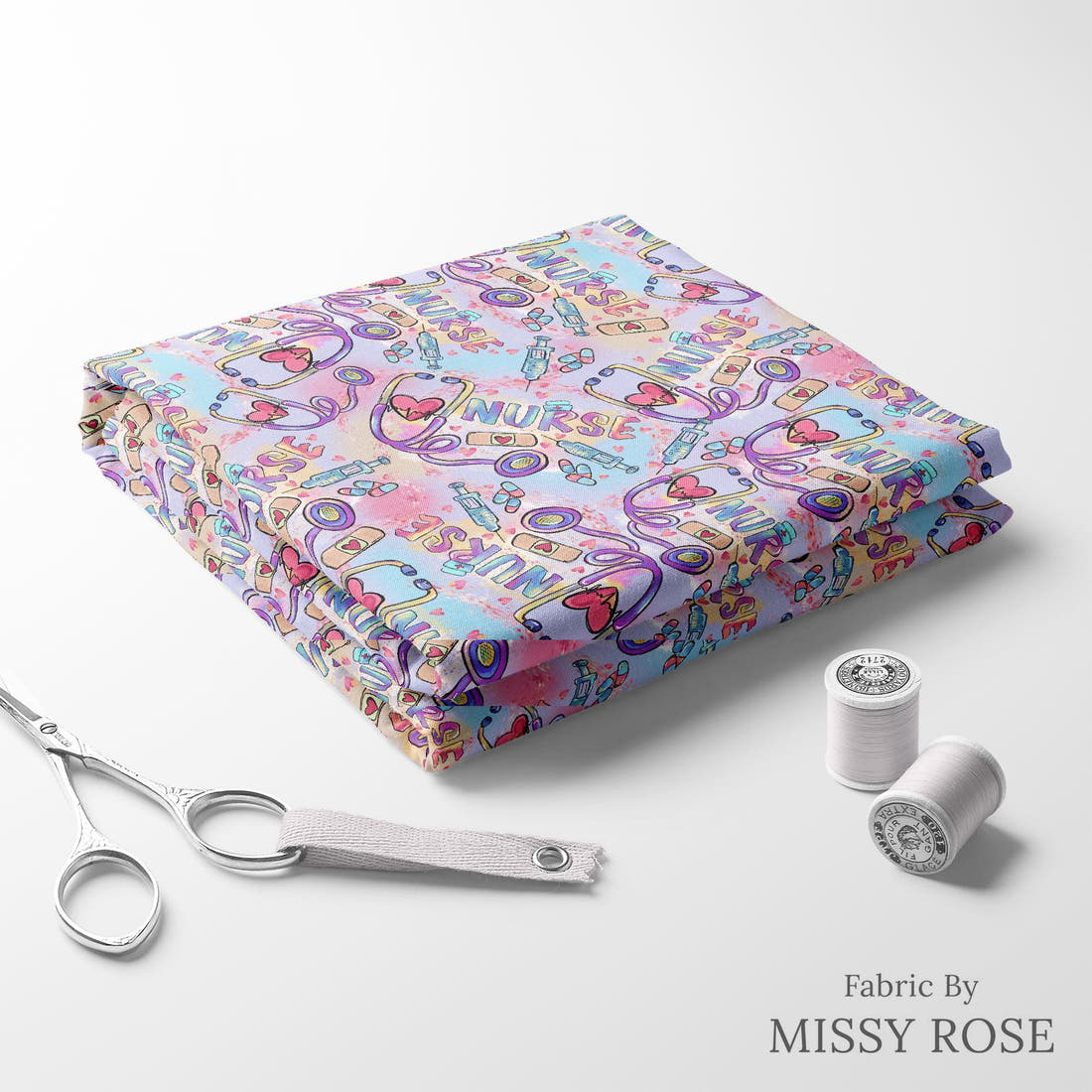 Design 1088 Nurse Fabric folded fabric stack with matching thread – pre-order fabric Australia | Fabric by Missy Rose