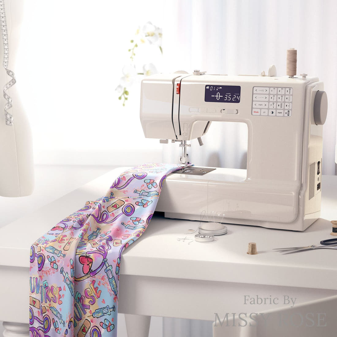 Design 1088 Nurse Fabric on a sewing machine – premium fabric for sewing projects | Fabric by Missy Rose